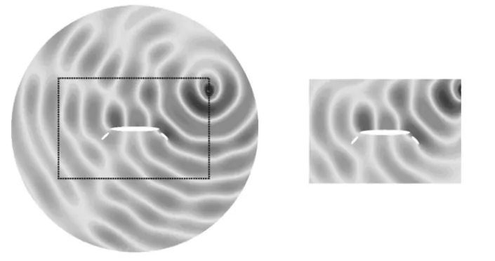 Figura 7: Parte real da aproximac¸˜ao de elementos finitos do problema adjunto para o contorno exterior circular (`a esquerda) com o retˆangulo destacado e a aproximac¸˜ao correspondente ao problema com contorno exterior retangular (`a direita) para o n´um