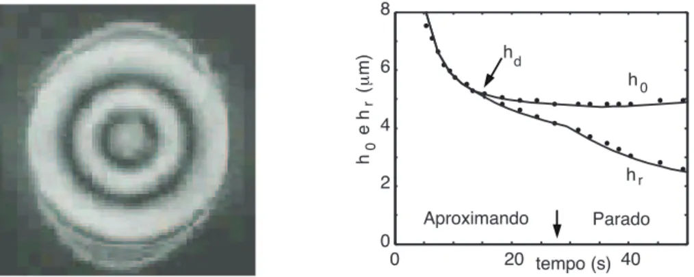 Figura 3: a) Exemplo de anéis de Newton obtidos experimentalmente. b) Evolução da parte central h o e da separação mínima h r 