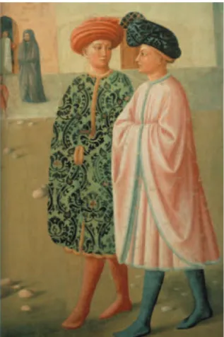 Figura 1. Dois homens da elite de Florença portando na cabeça o  mazzochi, em meio a um dos ciclos da vida de São Pedro pintados  na capela Brancacci.