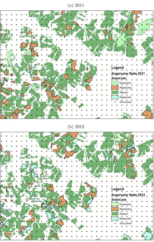 Figure 2: Sugarcane fields in detail (a) 2011 Legend Sugarcane State 2011 StateCode Expansion Replanting Ratoon Replanted Grid points (b) 2012 Legend Sugarcane State 2012 StateCode Expansion Replanting Ratoon Replanted Grid points