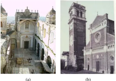 Figura 2.5 – Alguns exemplos de estruturas de alvenaria antigas importantes e famosas que colapsaram  devido a problemas de fluência: (a) Colapso parcial da Catedral de Noto (Pina-Henriques, 2005); (b)  Torre Cívica de Pavia (Pina-Henriques, 2005).