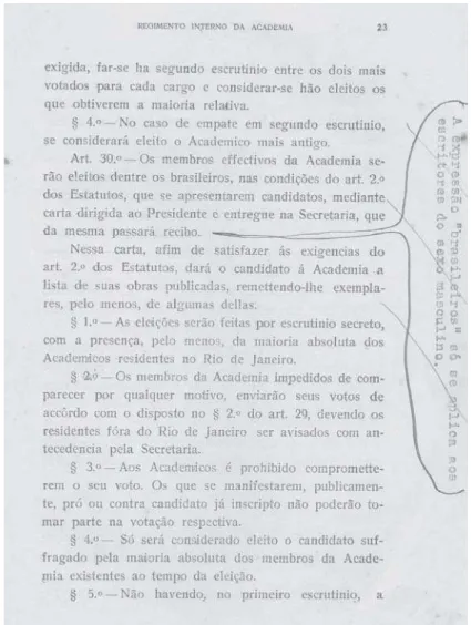 Fig. 1  Página original do     Regimento Interno da ABL, de 1927. Ao longo da existência da agremiação, modificações pontuais processaram-se no documento, de modo que o art