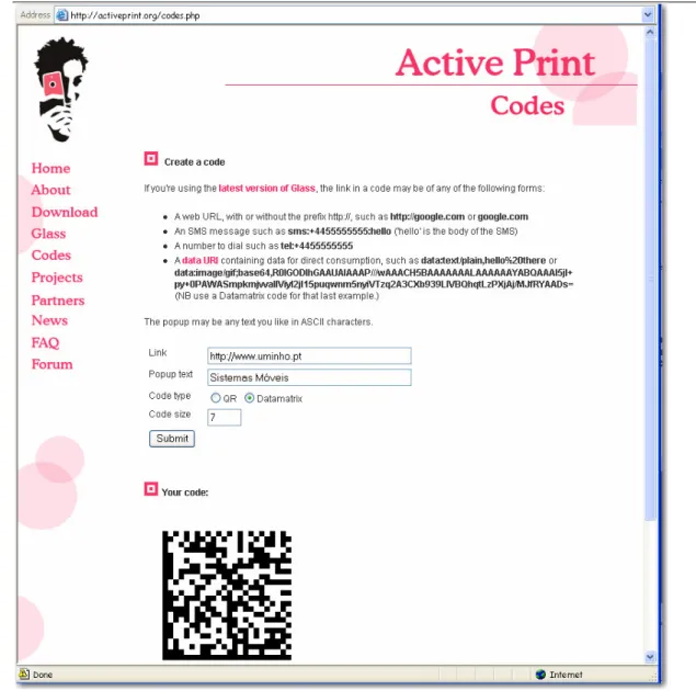 Ilustração 4 – Página para geração de códigos Active Print 