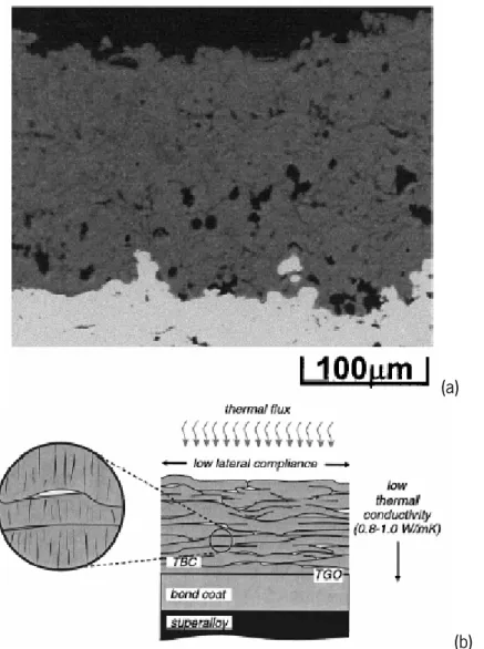 Fig. 1.4.   A typical microstructure of an atmospheric plasma-sprayed TBC: (a) optical micrograph [39], (b)  schematic illustration of the splat-like microstructure [40]