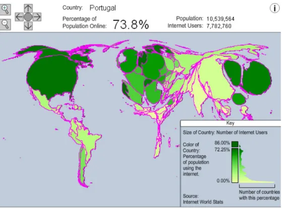 Figura 11: Interface do mapa interactivo apresentado pelo site da CNN Money (2007) que demonstra a  relação entre população e utilizadores de Internet em todos os países