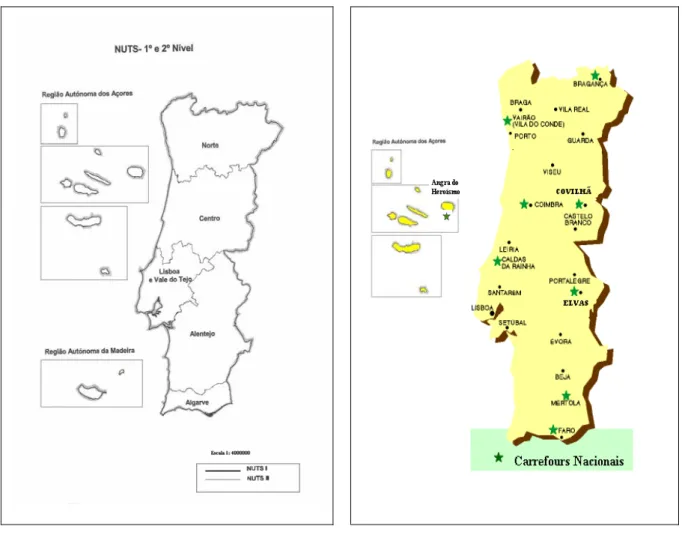 Figura 3 – Mapas das NUTs e localização geográfica dos Carrefours Rurais nacionais     
