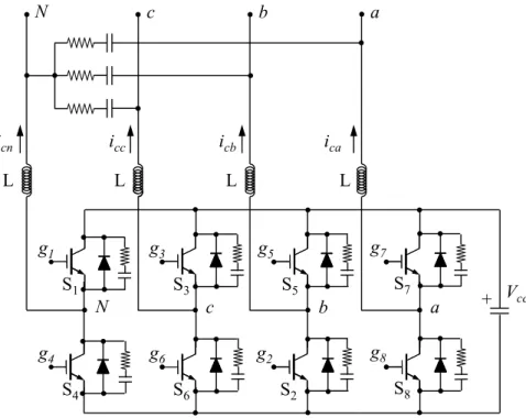 Fig. 3.9 – Inversor VSI de 2 níveis com 4 braços para o Filtro Activo Paralelo. 