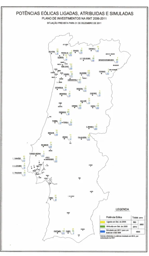 Figura 5. Estimativa da localização geográfica de produção eólica no horizonte 2010. (Fonte: REN, 2005b)