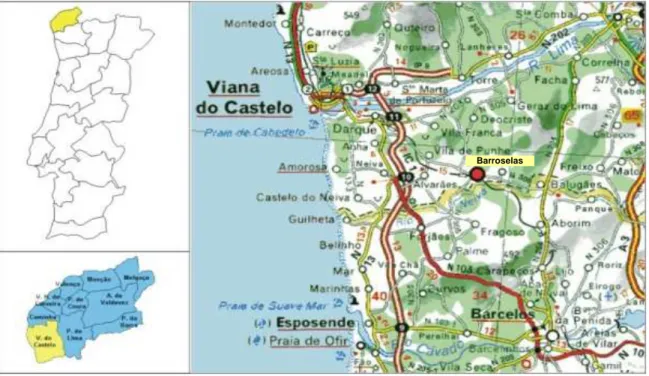 Figura 1 – Localização da Escola E.B. 2,3/S de Barroselas  (Imagem retirada de http://www.eb23-barroselas.rcts.pt/locescola.htm)