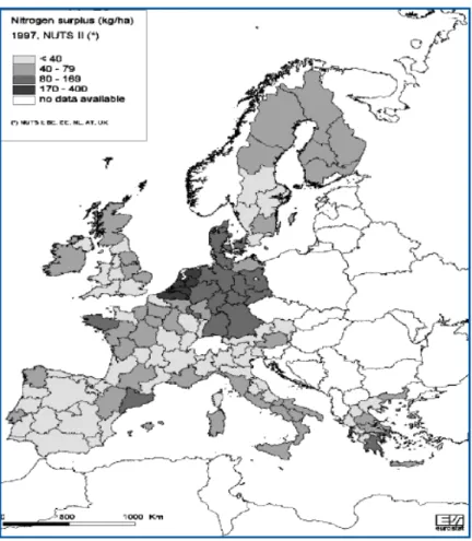 Figura 1.6 – Excesso de azoto agrícola nas regiões da UE (CE, 2003). 