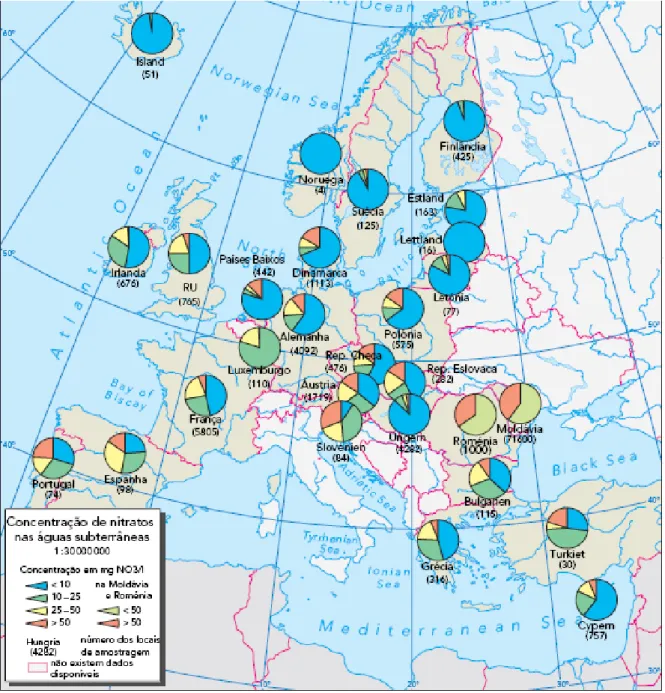 Figura 1.7 – Concentração de nitratos nas águas subterrâneas na UE (AEA, 2000). 