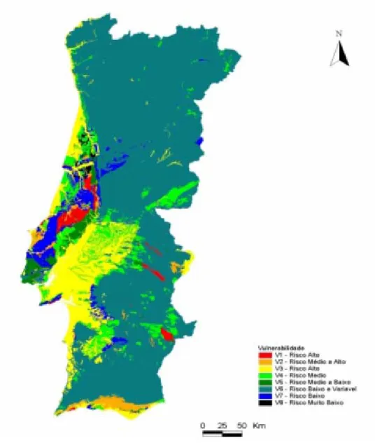 Figura 1.13 – Mapa de vulnerabilidade de Portugal Continental (INAG, 2001). 