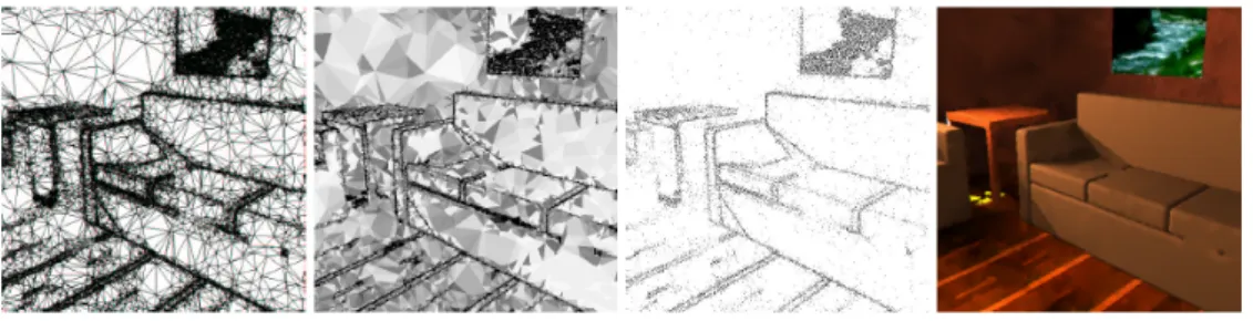 Figura 3.2: Componentes Tapestry: malha, imagem de prioridades (as áreas mais escuras indicam amostras de maior prioridade), conjunto de amostras, e imagem reconstruída.