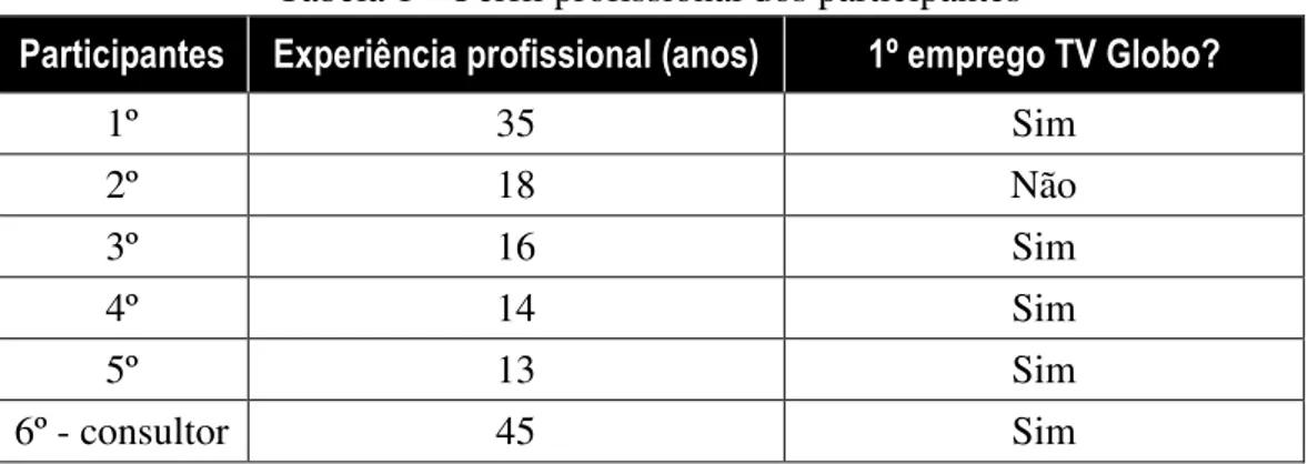 Tabela 1 – Perfil profissional dos participantes 