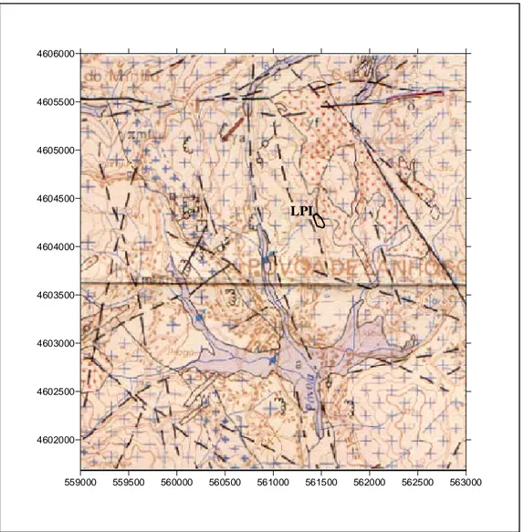 Figura 11 - Enquadramento geológico da Lixeira da Póvoa de Lanhoso (LPL) (elaborado com base na  Carta Geológica de Portugal, Folha 5-D – Braga à escala 1/50 000) (Ferreira et al., 2000)