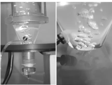 Figure 10 – Left image: the lower cone with primary inlet/outlet; right image: detail of gas injection