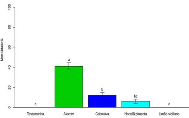 Figura 1- Mortalidade (%) dos óleos essenciais sobre adultos de S. zeamais 