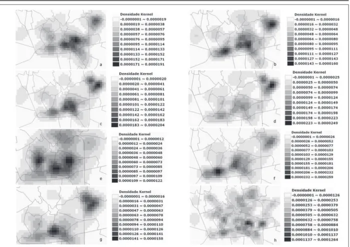 Figura 2 - Mapas da distribuição da densidade de idosos segundo menores escores nas facetas do  WHOQOL-OLD, sobrepostos pelos bairros: (a) funcionamento dos sentidos, (b) autonomia, (c)  atividades passadas, presentes e futuras, (d) participação social, (e