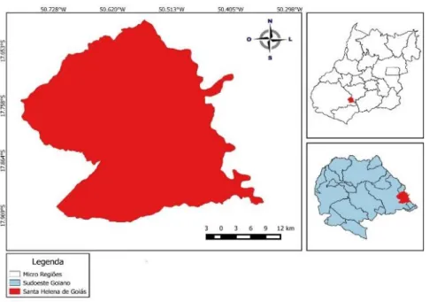 Figura  1.  Localização  geográfica  do  município  de  Santa  Helena  de  Goiás,  na  microrregião  sudoeste  goiano  e  Estado de Goiás