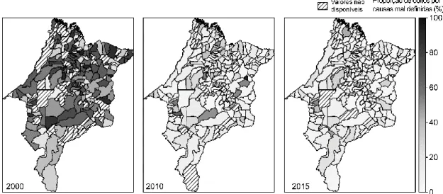 Figura 2. Proporção de óbitos por causa3s mal definidas em idosos por município. Maranhão, 2000, 2010, 2015 