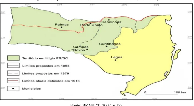 Figura 1 - Mapa dos limites entre o Paraná e Santa Catarina (1865-1916). 