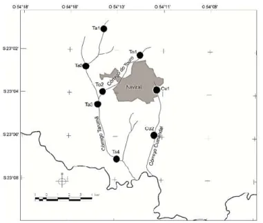 Figura 1. Localização dos pontos amostrados nas microbacias dos córregos Cumandaí e  Tarumã, bacia do rio Amambai, Alto Rio Paraná, em novembro de 2014.