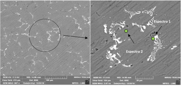 Figura 8 - Micrografia via MEV destacando a região da análise de EDS pontual - liga com 0,2% Fe