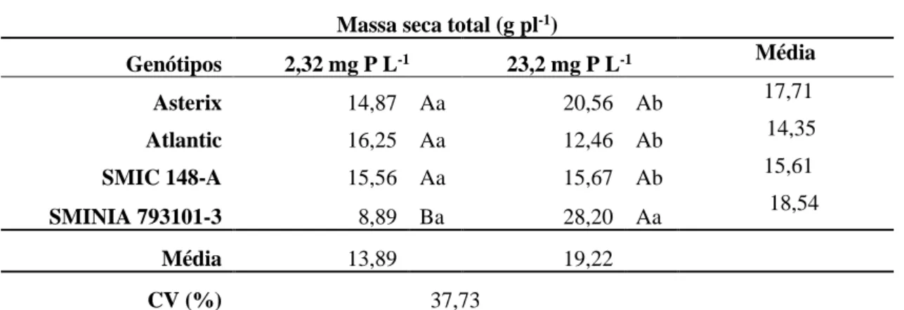 Tabela 2 – Efeito de dois níveis de fósforo (2,32 e 23,2 mg P L -1 ) na solução nutritiva na massa seca total da  planta dos genótipos de batata Asterix, Atlantic, SMIC 148-A e SMINIA 793103-3 provenientes de 