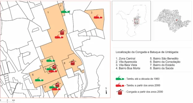 Figura 11: Localização dos bairros de Rio Claro em que havia manifestação do tambu até fins de  1950 (“batuques do passado”) e dos bairros em que há manifestação do tambu e da congada a  partir dos anos 2000 (“batuques do presente”).