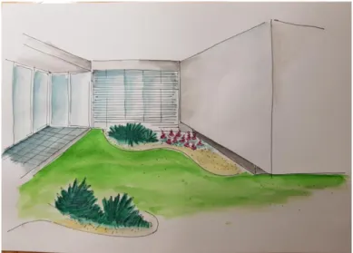 Figura 6: Desenho do jardim entre os cômodos e a varandinha. Destaque para a vegetação com plantas  tropicais