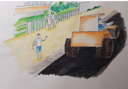 Figura 12: Desenho da rua sendo asfaltada, Ana, Rosa e Manoel observando. 