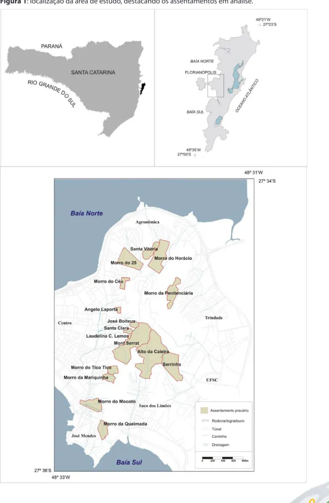 Figura 1: localização da área de estudo, destacando os assentamentos em análise.
