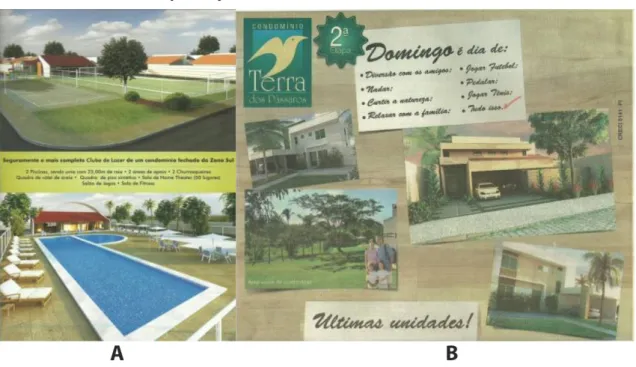FIGURA 6 - Material publicitário e imagens do condomínio Vila Vitória (a) e loteamento Terra dos  Pássaros (b), enfocando a presença de áreas de lazer.