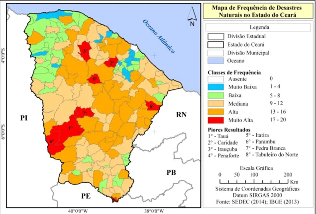 Figura 5 – Mapa de frequência de desastres naturais no estado do Ceará. Fonte de dados: SEDEC (2014)