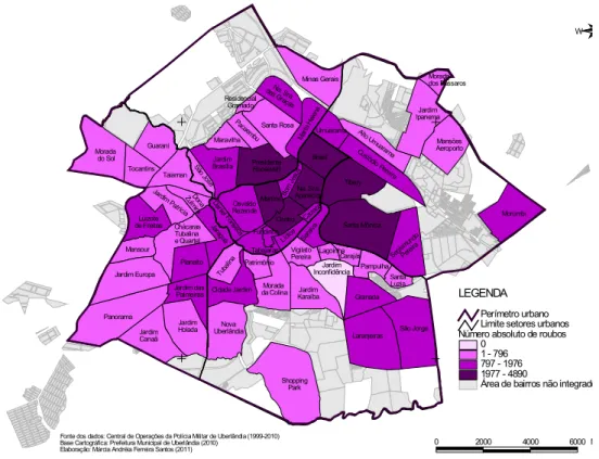 Figura 1 – Cidade de Uberlândia. Roubos em números absolutos: 1999-2010