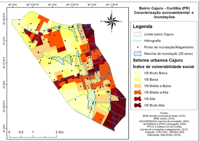 Figura  2:  Bairro  Cajuru-Curitiba  (PR)  -  Interface  entre  a  caracterização  socioambiental  e  às  áreas de inundações.