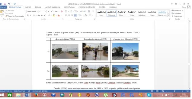 Tabela  1:  Bairro  Cajuru-Curitiba  (PR)  -  Caracterização  de  dois  pontos  de  inundação:  Maio  –  Junho / 2014 – Agosto / 2015.