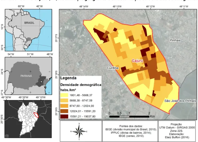 Figura 1: Brasil – Estado do Paraná – Região Metropolitana de Curitiba (RMC) – Município de  Curitiba - Bairro Cajuru (PR): Localização geográfica e caracterização da densidade demográfica