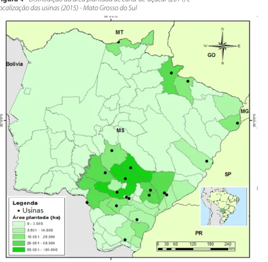 Figura 4 - Distribuição da área plantada de cana-de-açúcar (2014) e   localização das usinas (2015) - Mato Grosso do Sul