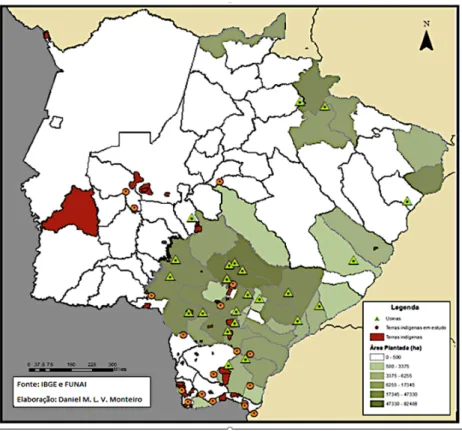 Figura 5 - Área plantada de cana-de-açúcar, localização das usinas e   das terras indígenas  em Mato Grosso do Sul