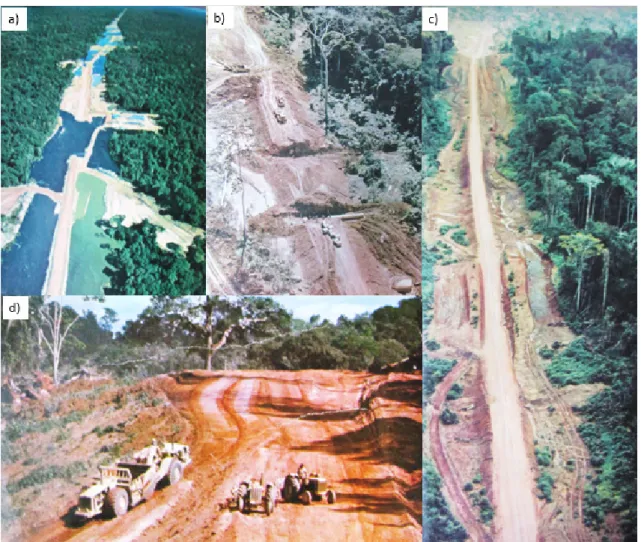 Figura 1. Construção das rodovias na Amazônia: a) e b) construção da BR-319 em 1969 e em 1972; c) e d) abertura  da rodovia Transamazônica no início da década de 70