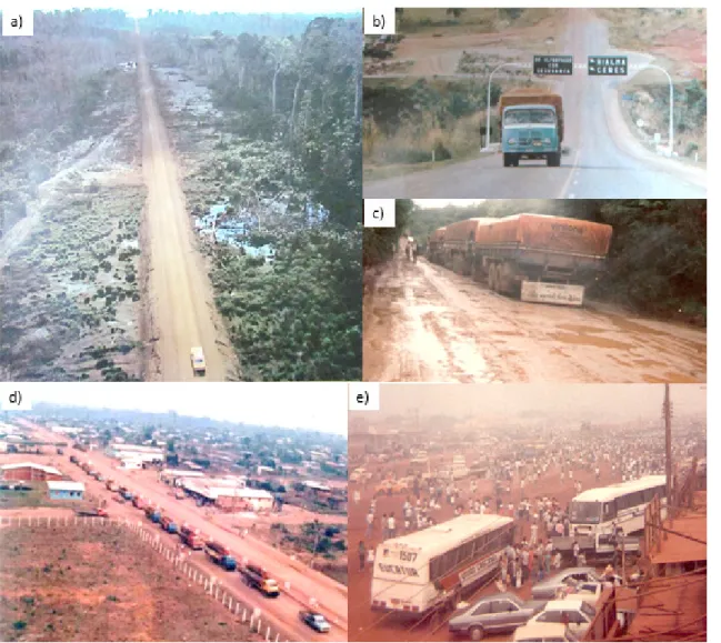 Figura 2. Fluxo de veículos, pessoas e cargas pelas rodovias recém-construídas; a) Transamazônica  em 1972; b) rodovia Belém-Brasília em 1972; c) caminhões transportando carga pela BR-364 próximo  a cidade de Rolim de Moura RO em 1985; d) caminhões na BR-3