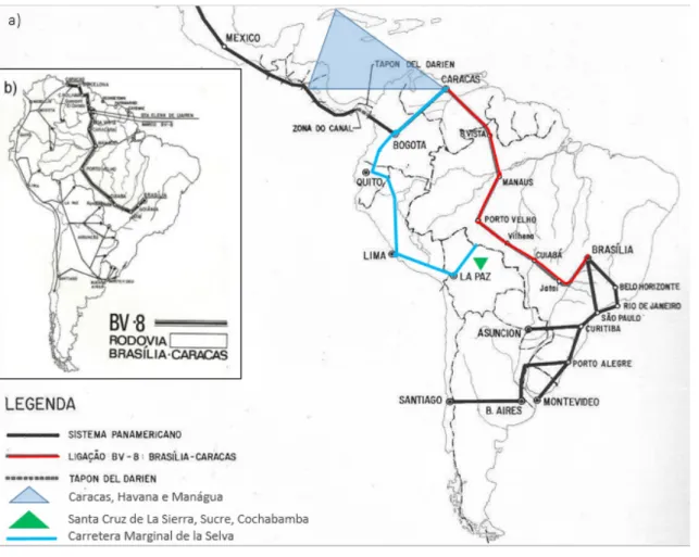 Figura 4. a) A rodovia BV-8 interligando a bacia Amazônica aos dois heartlands. Nota-se que as rodovias  desse conjunto articulam-se com a Carretera Marginal de La Selva através das rodovias: BR-174, BR-364  e BR-425, sendo as duas últimas interligando as 