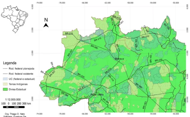 Figura 4. Rodovias federais projetadas e existentes na Amazônia e a presença de terras indígenas e  unidades de conservação