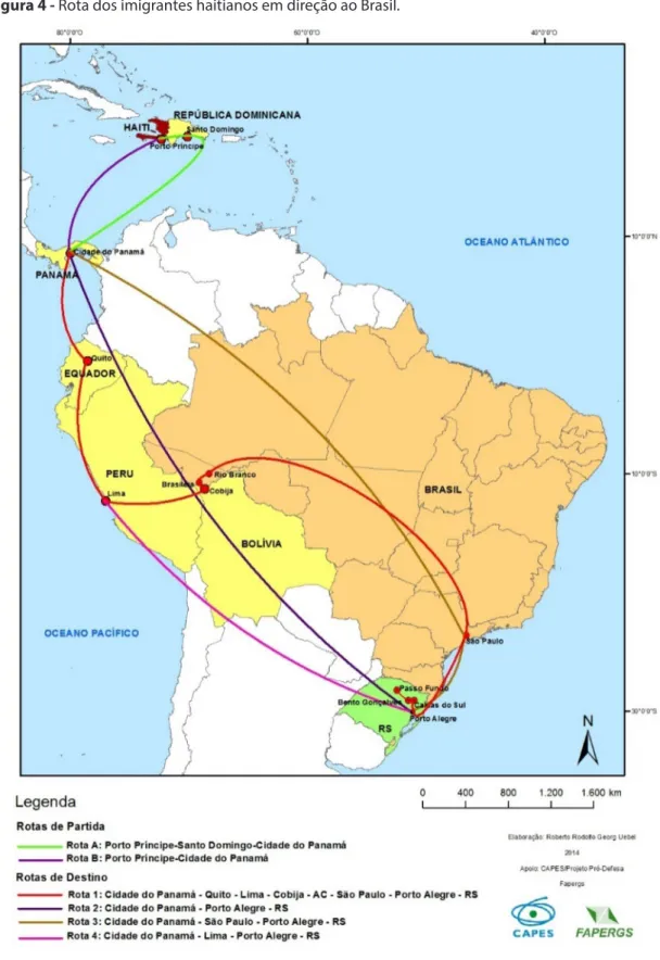 Figura 4 - Rota dos imigrantes haitianos em direção ao Brasil.
