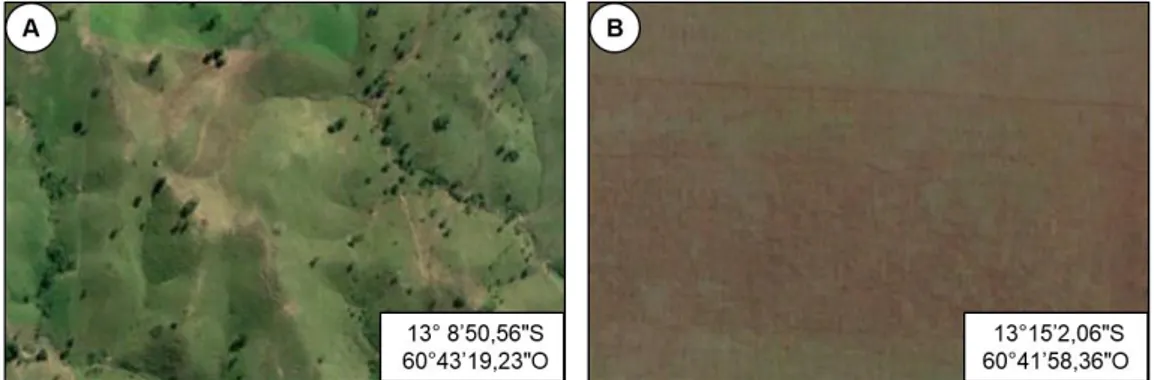 Figura 4. Áreas com pastagem na região norte (A) e cultivo agrícola mecanizado na região sul (B), na  microbacia do Médio Rio Escondido, Amazônia Ocidental, Brasil