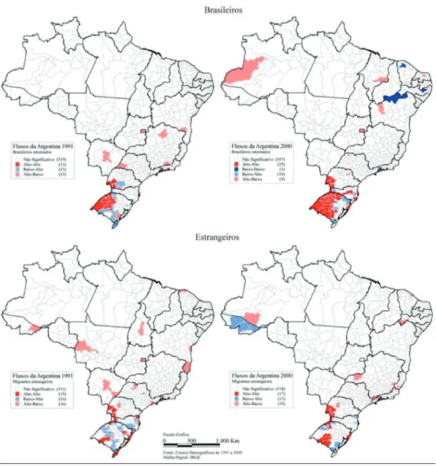 Figura 1: Taxas brutas de imigração e categorias dos Índices locais de associação espacial  (LISA) das microrregiões geográﬁ cas brasileiras – 1991 e 2000