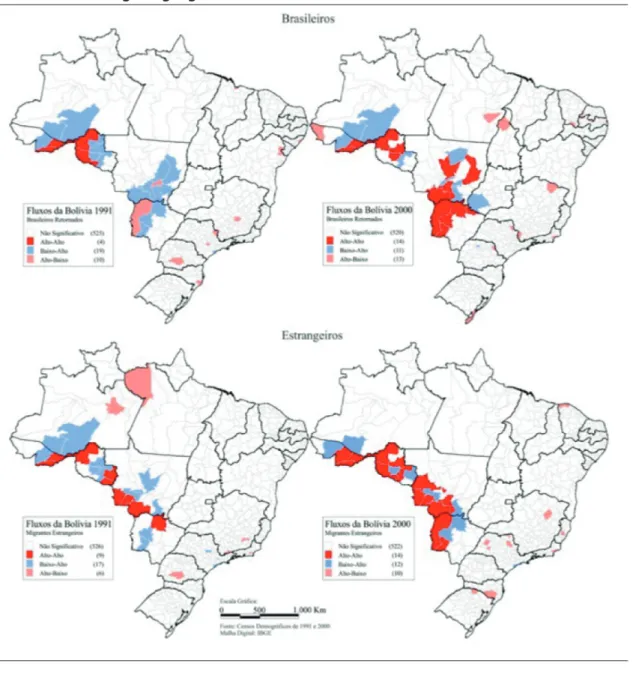 Figura 2: Taxas brutas de imigração e categorias dos Índices locais de associação espacial  (LISA) das microrregiões geográﬁ cas brasileiras – 1991 e 2000