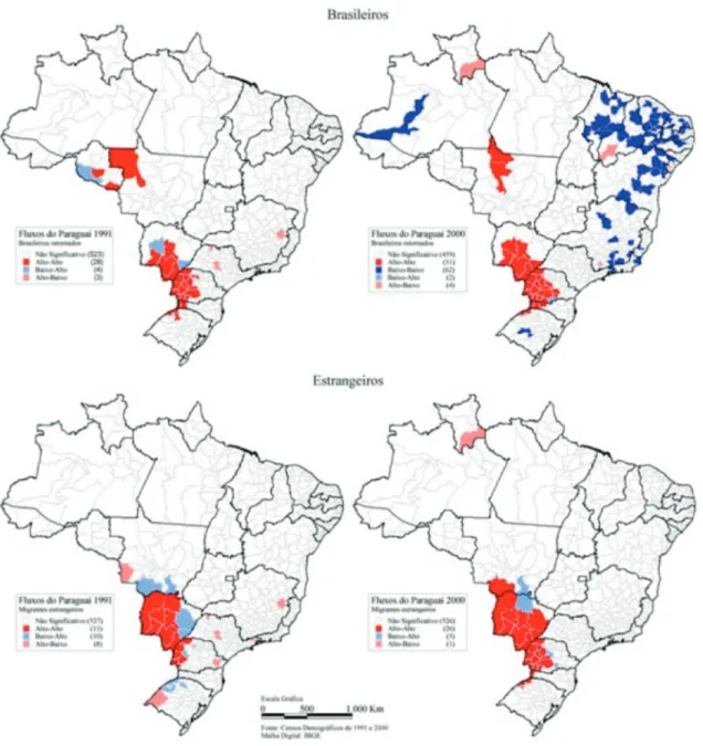 Figura 3: Taxas brutas de imigração e categorias dos Índices locais de associação espacial  (LISA) das microrregiões geográﬁ cas brasileiras – 1991 e 2000