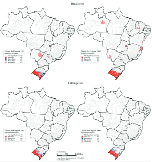 Figura 4: Taxas brutas de imigração e categorias dos Índices locais de associação espacial  (LISA) das microrregiões geográﬁ cas brasileiras – 1991 e 2000